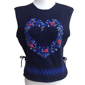 Vintage Susan Bristol Pure Wool Hand Embroidered Floral Heart Sweater